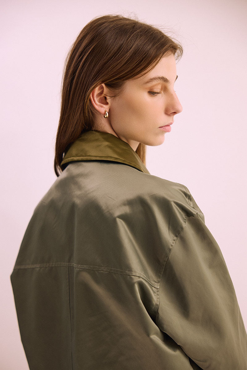Phàrlain Utility Jacket in olive khaki satin finish with utility pockets