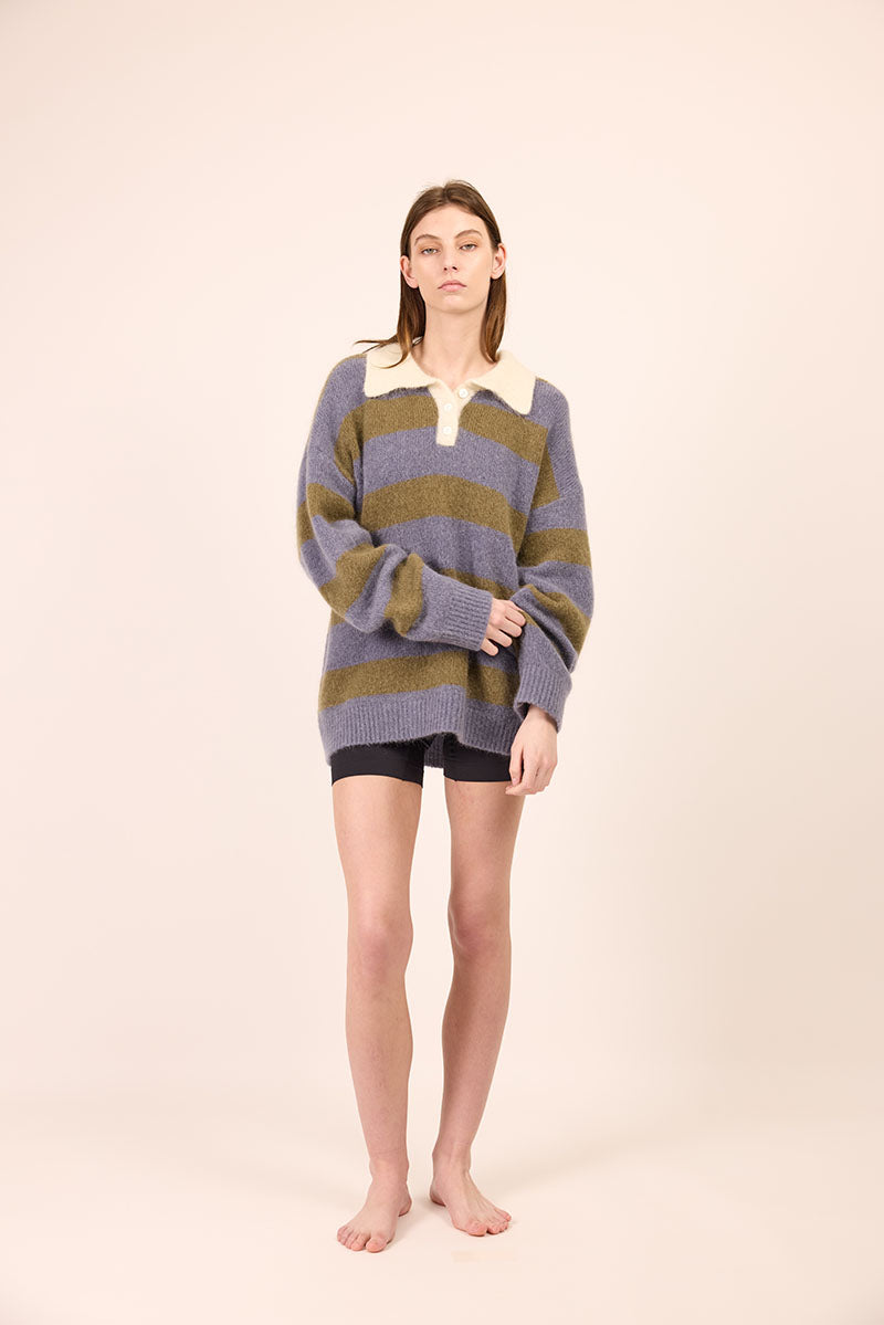 Knit Polo - Blue / Green Stripe