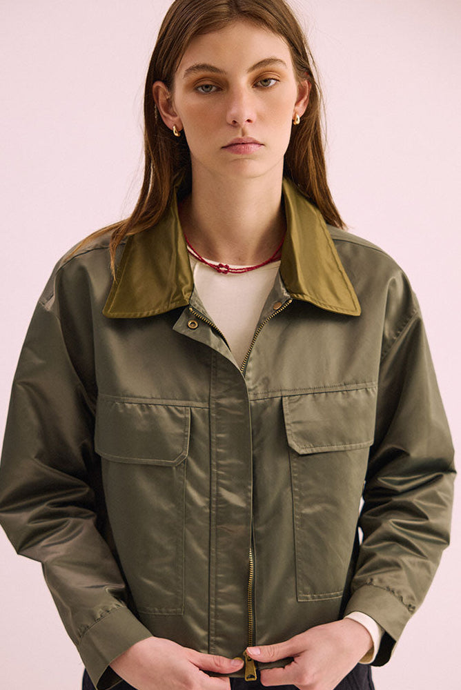 Phàrlain Utility Jacket in olive khaki satin finish with utility pockets
