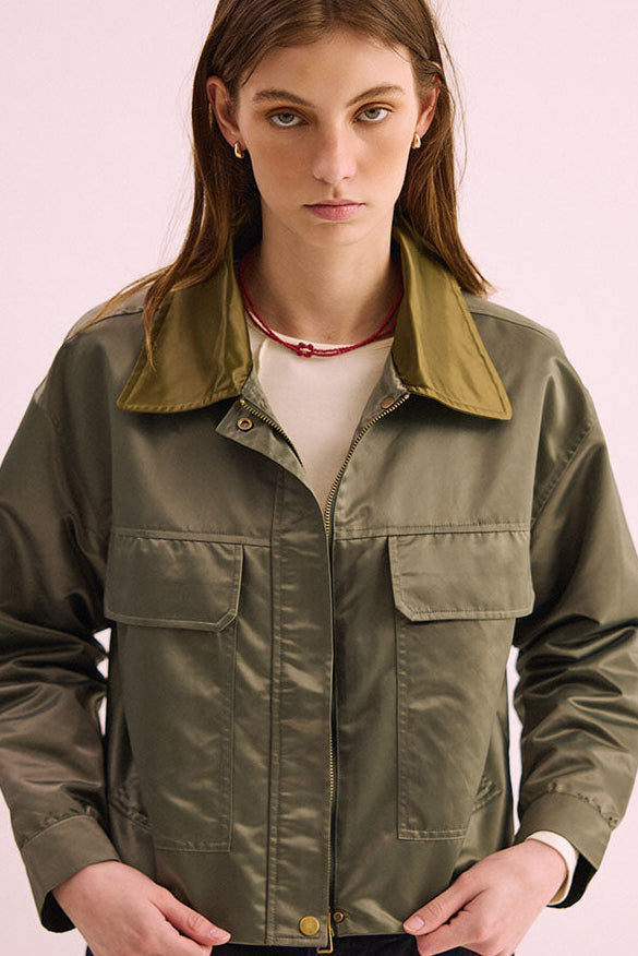 Phàrlain Utility Jacket in olive khaki satin finish with utility pockets