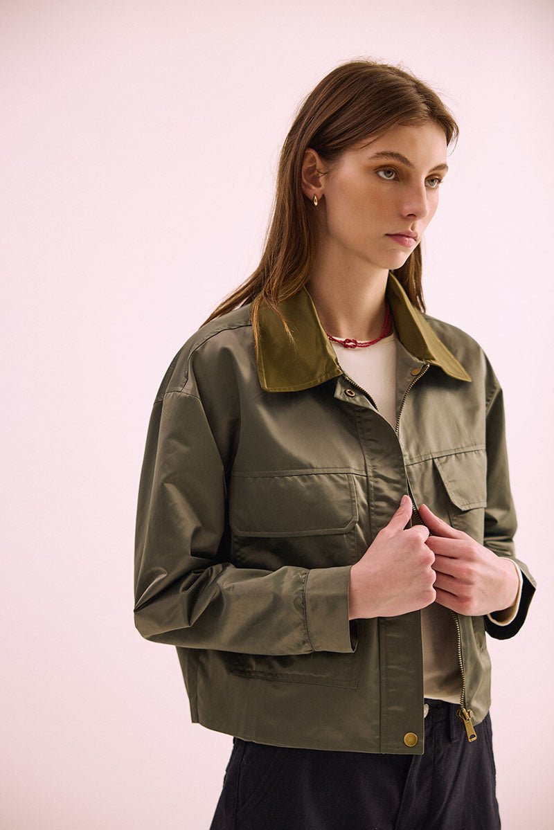Phàrlain Utility Jacket in olive khaki satin finish with utility pockets
