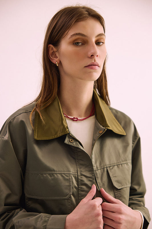 Phàrlain Utility Jacket in olive khaki satin finish with utility pockets