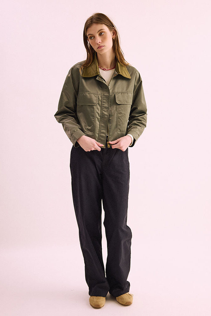Phàrlain Utility Jacket in olive khaki satin finish with utility pockets