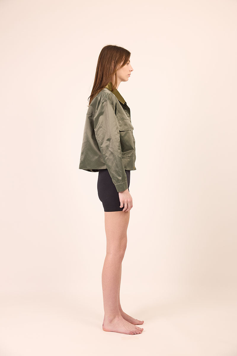 Phàrlain Utility Jacket in olive khaki satin finish with utility pockets