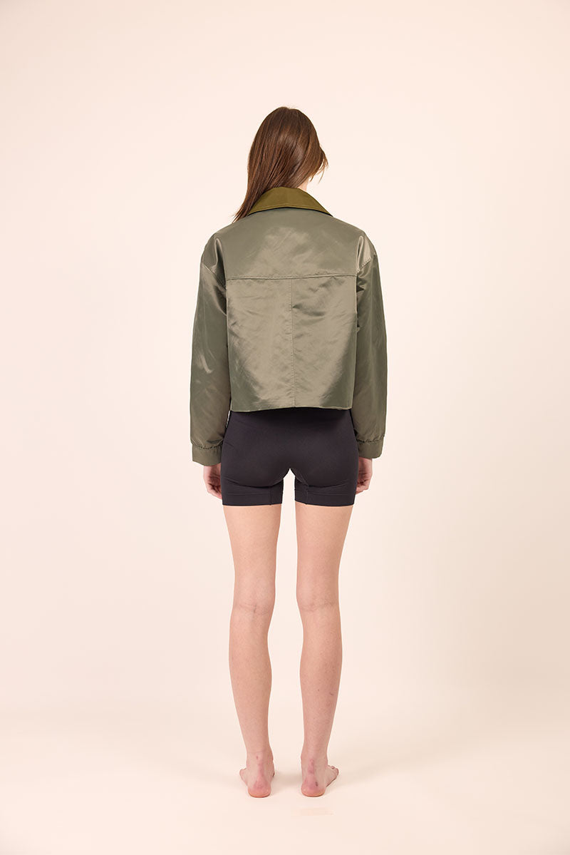 Phàrlain Utility Jacket in olive khaki satin finish with utility pockets