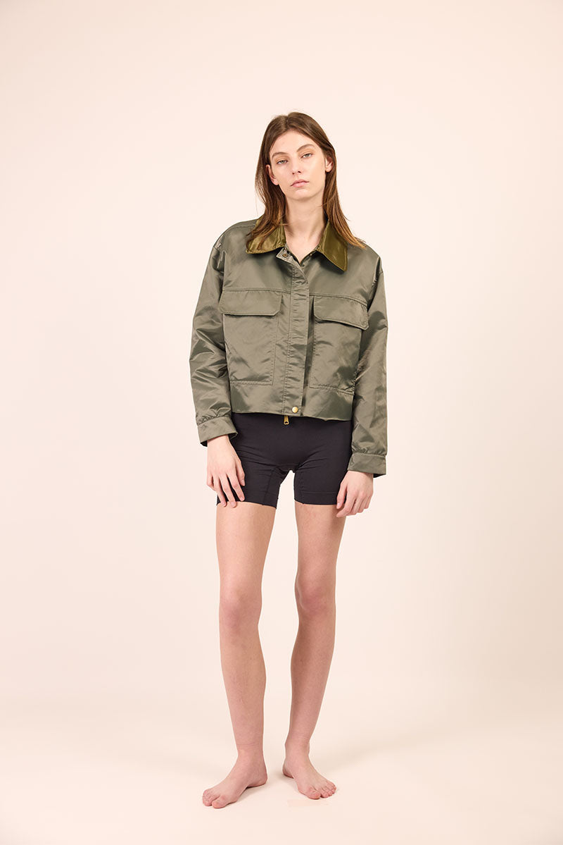 Phàrlain Utility Jacket in olive khaki satin finish with utility pockets