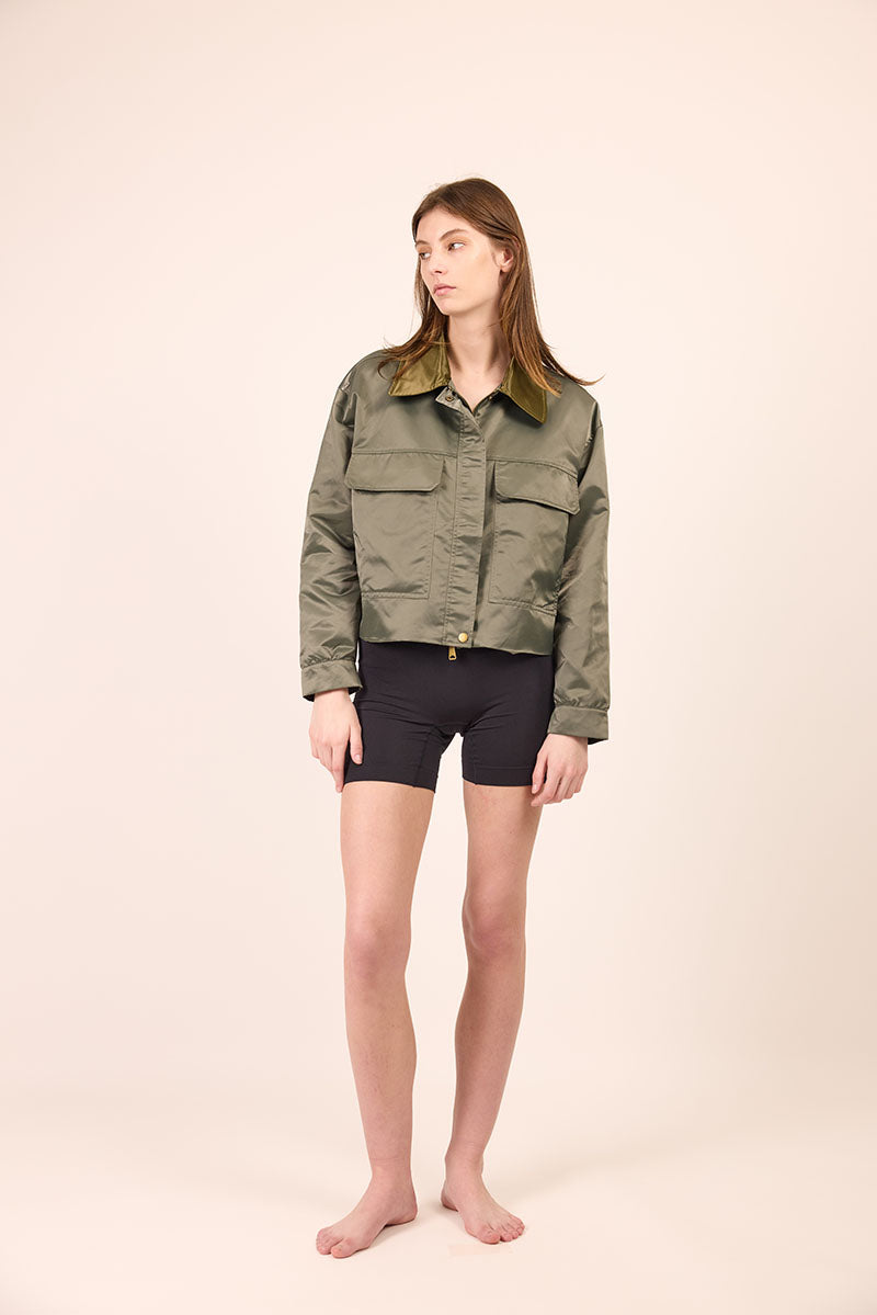 Phàrlain Utility Jacket in olive khaki satin finish with utility pockets