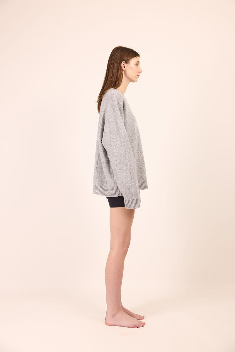 Pharlain Grey Marle Merino Wool Squares  Jumper with reversible knit squares and a silver lurex thread