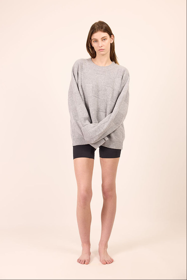 Pharlain Grey Marle Merino Wool Squares  Jumper with reversible knit squares and a silver lurex thread