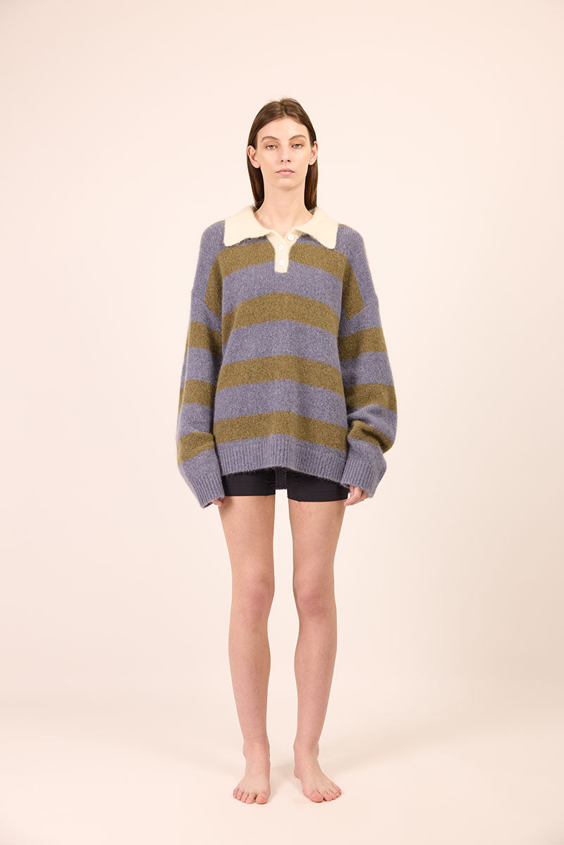 Knit Polo - Blue / Green Stripe
