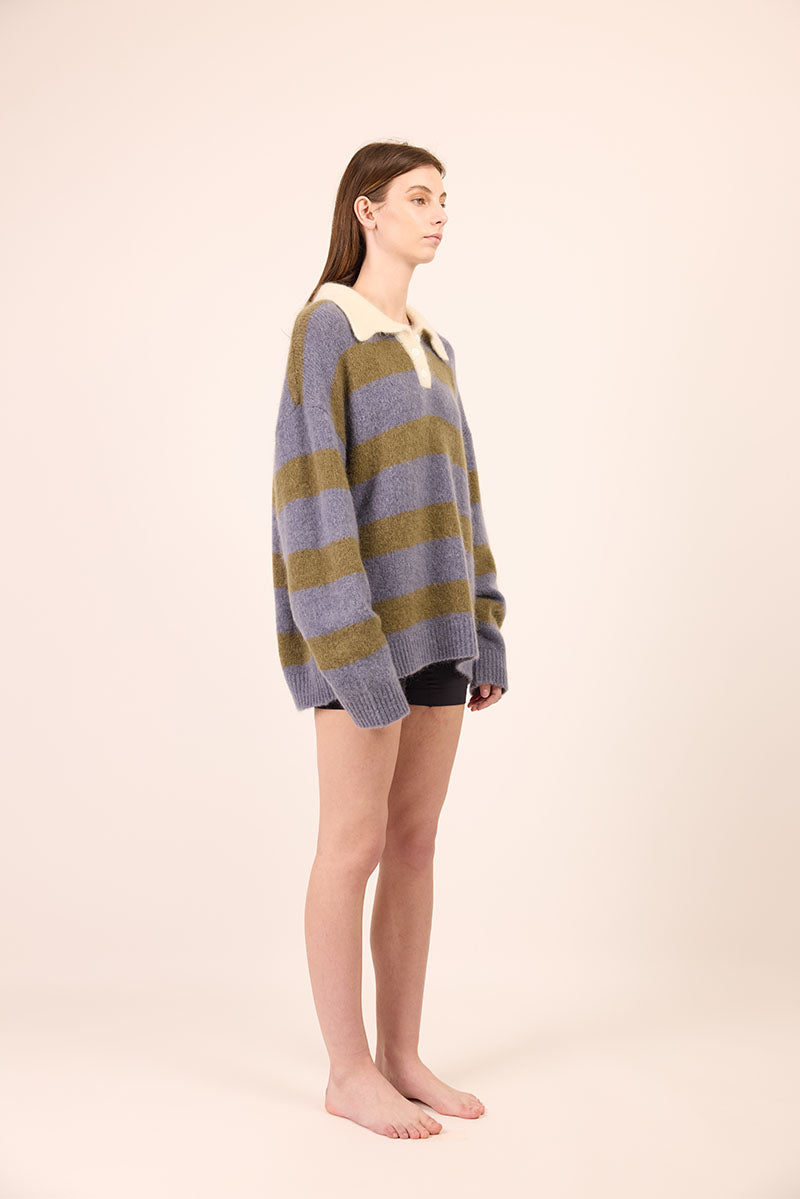 Knit Polo - Blue / Green Stripe