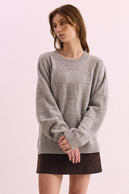 Pharlain Grey Marle Merino Wool Squares  Jumper with reversible knit squares and a silver lurex thread