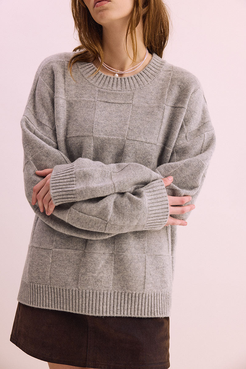 Pharlain Grey Marle Merino Wool Squares  Jumper with reversible knit squares and a silver lurex thread