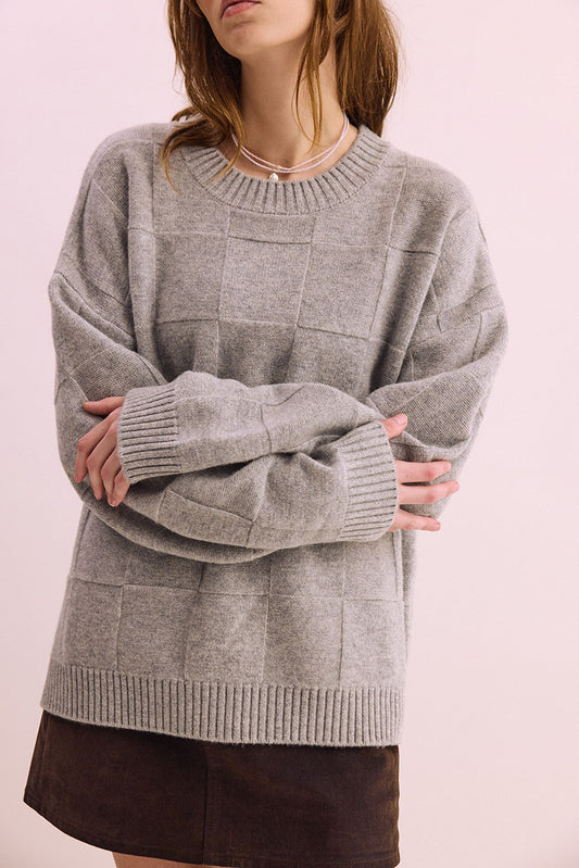 Pharlain Grey Marle Merino Wool Squares  Jumper with reversible knit squares and a silver lurex thread