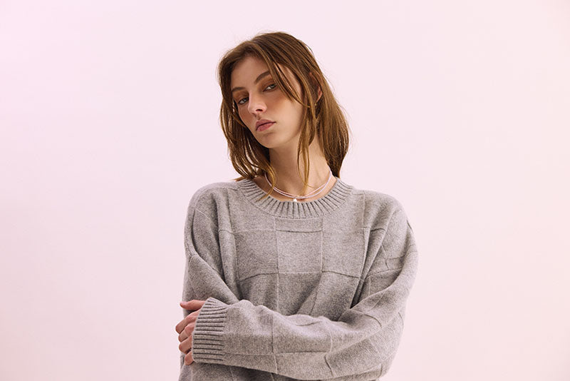 Pharlain Grey Marle Merino Wool Squares  Jumper with reversible knit squares and a silver lurex thread