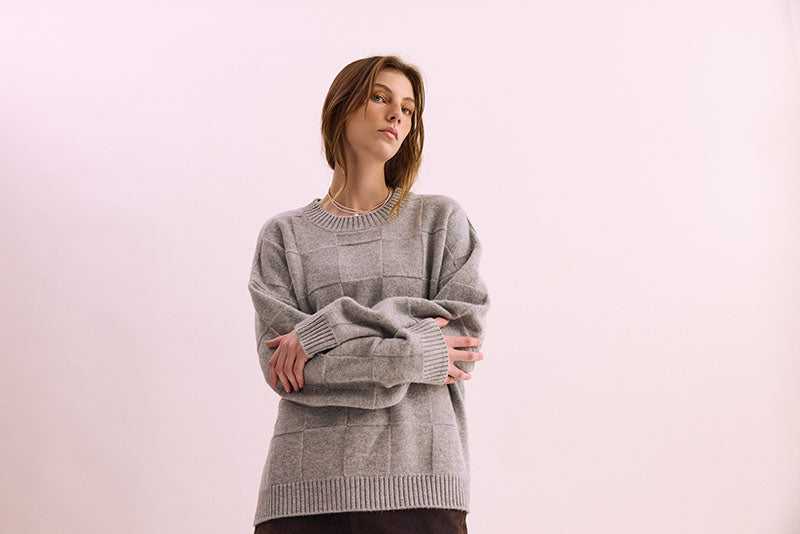 Pharlain Grey Marle Merino Wool Squares  Jumper with reversible knit squares and a silver lurex thread