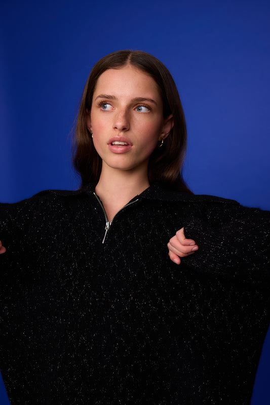 Ola Zip Sweater - Black Sparkle