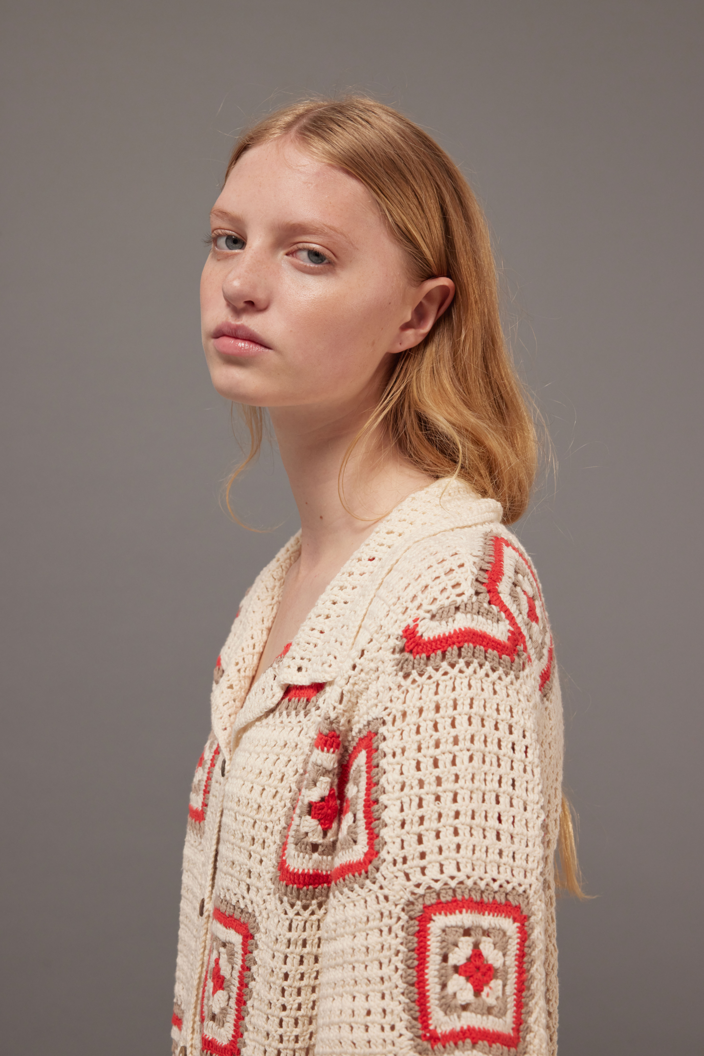 Hand-Crochet Shirt - Red Squares