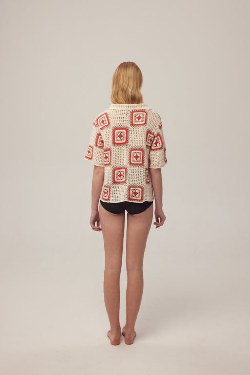 Hand-Crochet Shirt - Red Squares